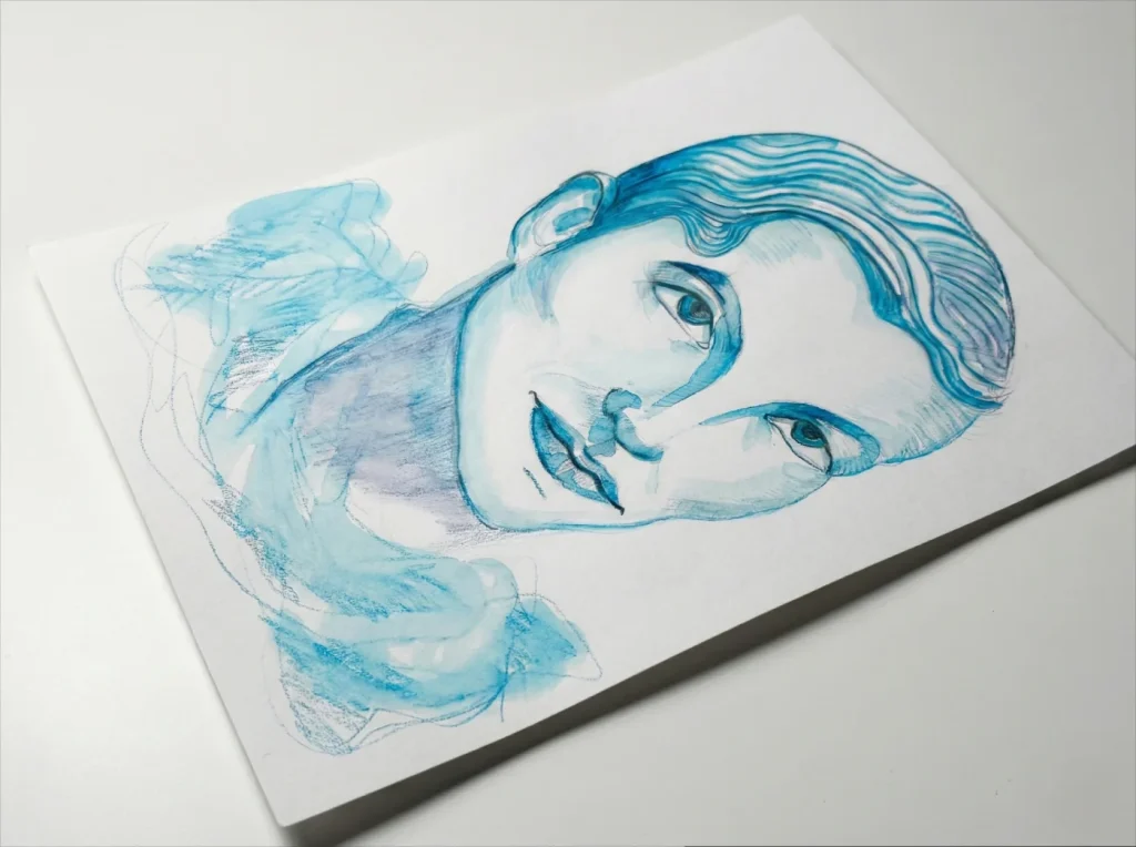 A blue watercolor and pencil portrait by artist Moojan Azar showing an expressive face with soft flowing textures, used as the feature image for a reflective post about neurodivergent inner worlds.