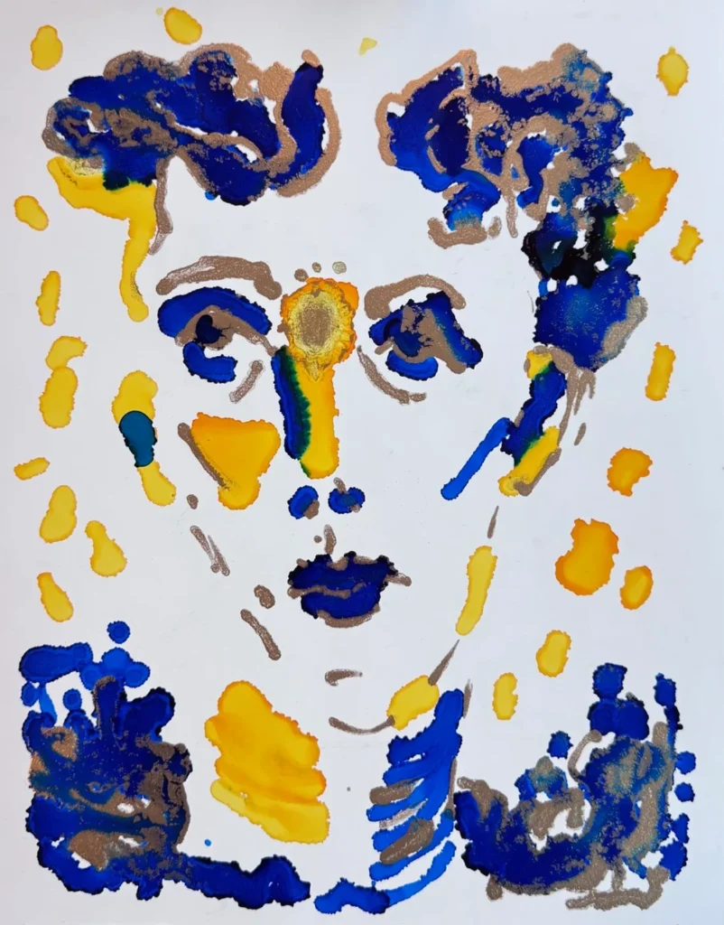Abstract alcohol ink portrait with blue, yellow, and bronze ink strokes on a white background.