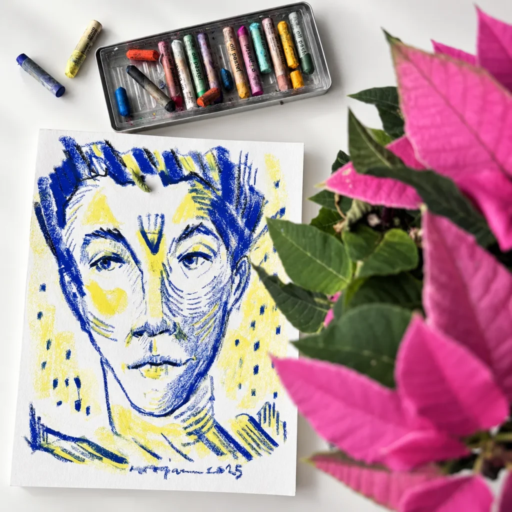 Colourful portrait drawing with oil pastels and flowers in an artist studio