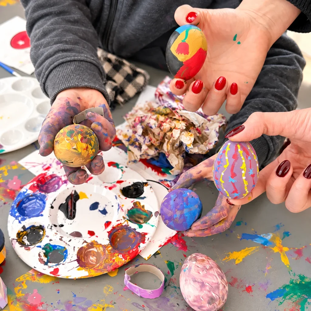 Hands holding colourful painted objects during a creative art session