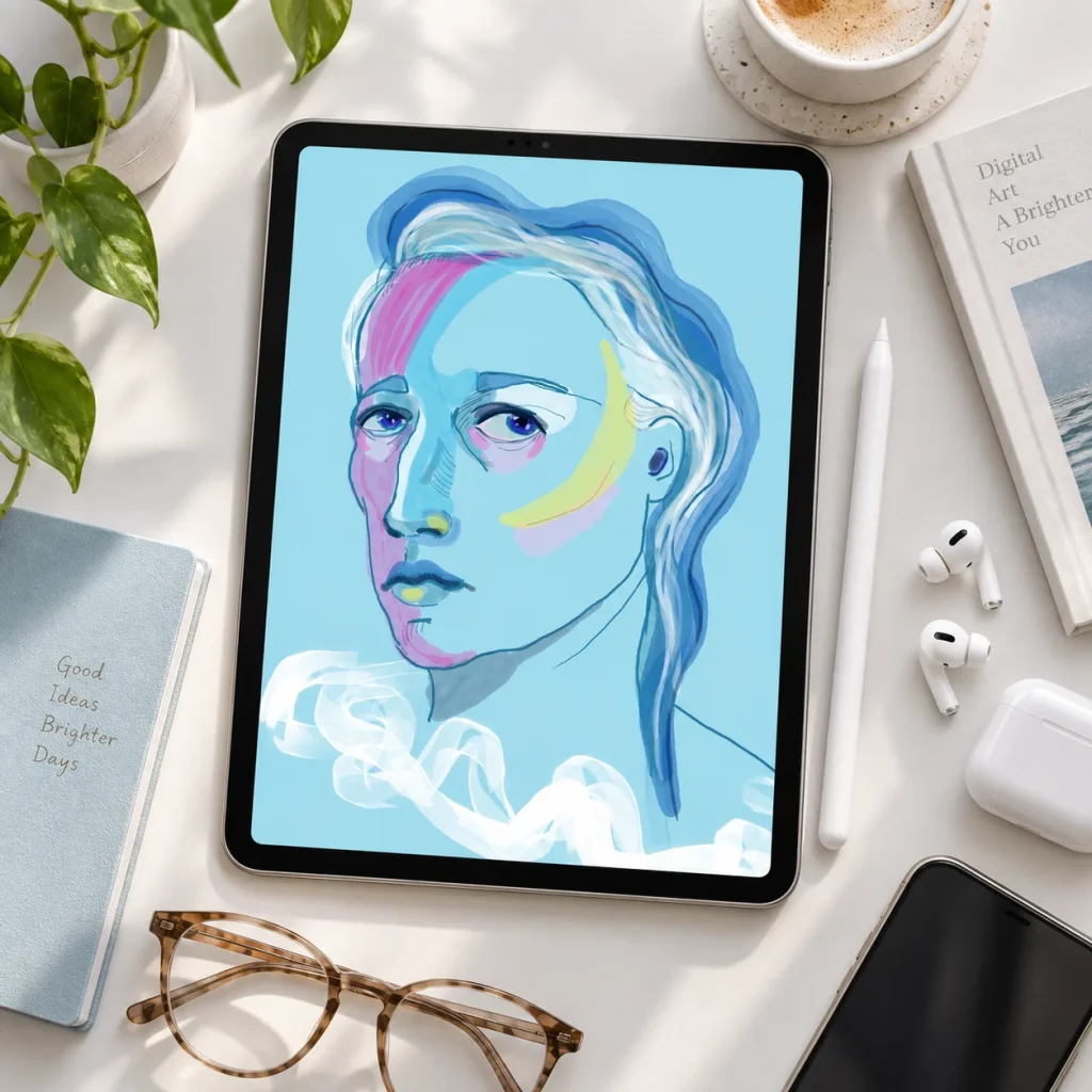 iPad displaying a digital portrait illustration with Apple Pencil, AirPods, and glasses on a desk
