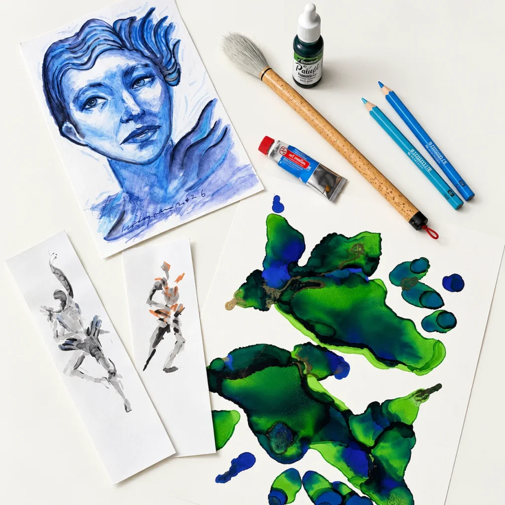 Portrait drawing, abstract painting, brushes, and art materials in a creative studio
